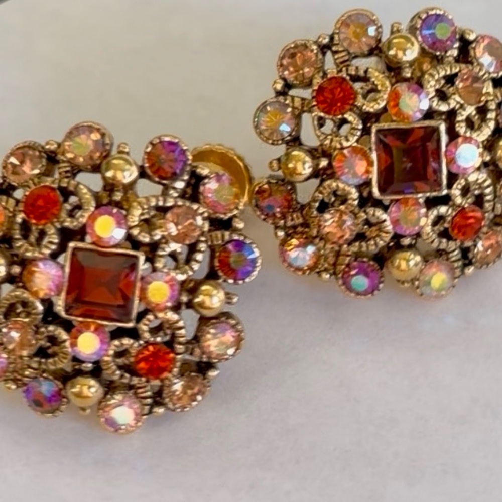 Vintage Joan Rivers Screw Earrings Goldtone Multi Color Rhinestone Hearts Square